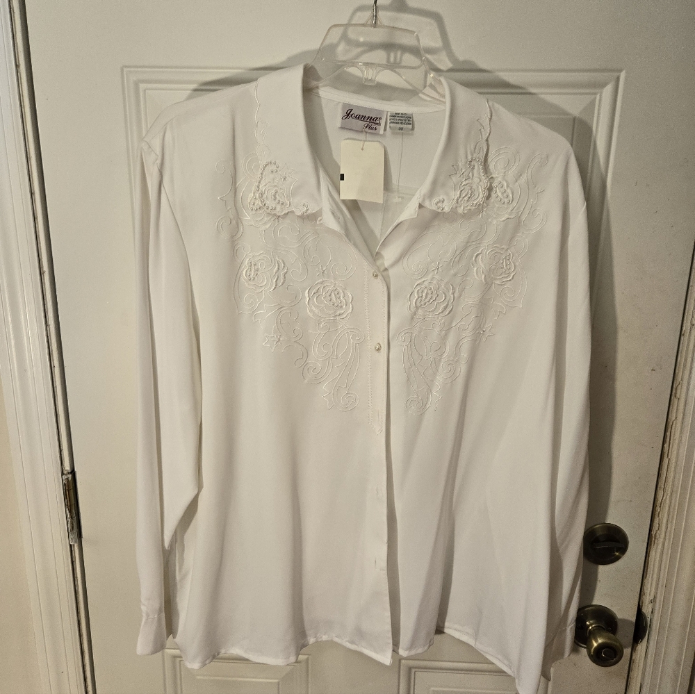 Vintage Joanna Plus 3X Embroidered White Shirt Blouse Pearls Polyester